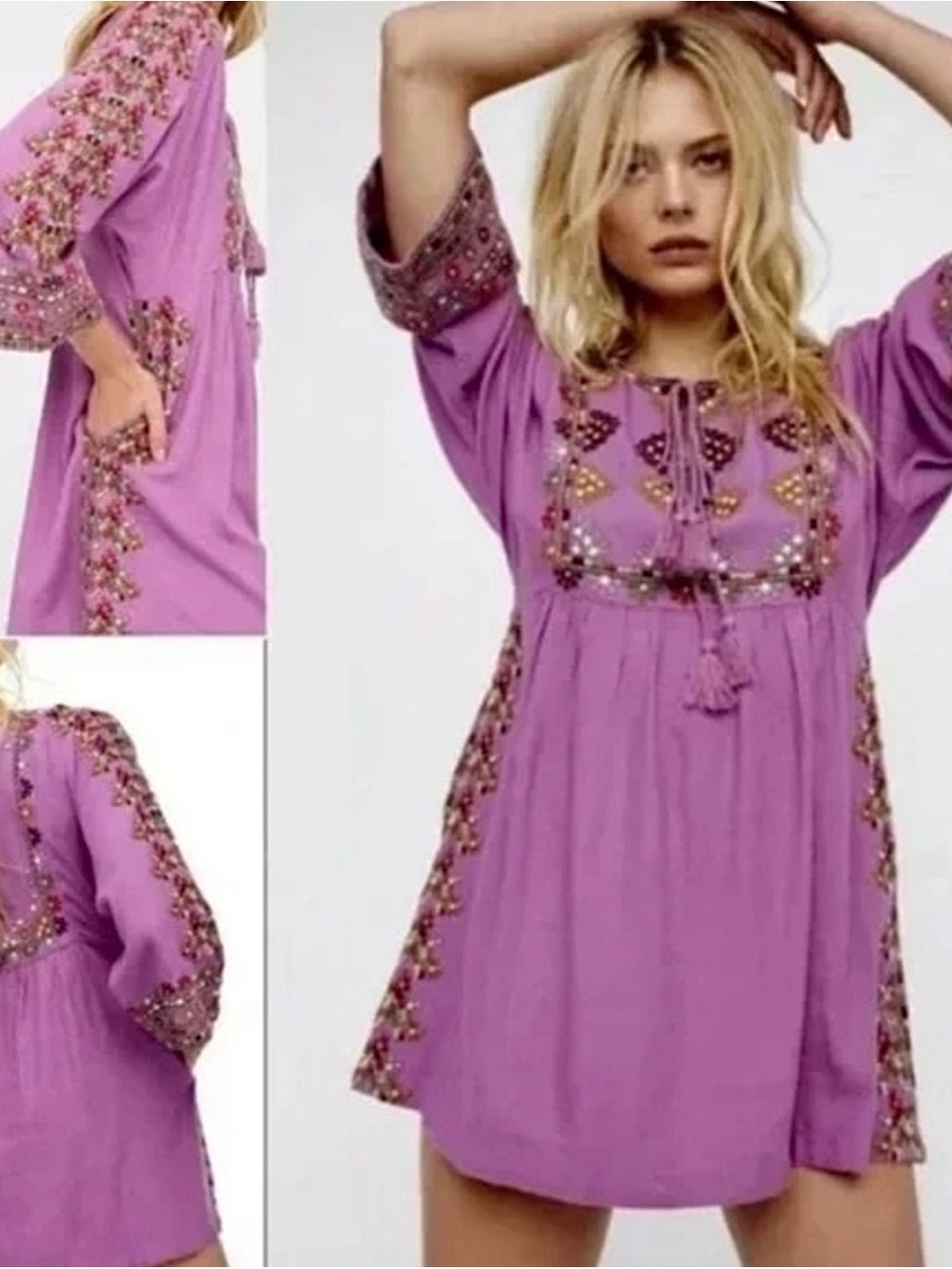 Free People Embroidered Boho Linen Blend Mini Dress